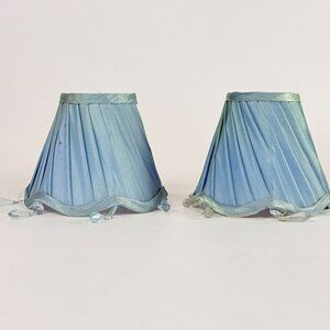 Blue Green Pleated Lamp Shades Pair Crystal Beaded Trim 4.5” Tall